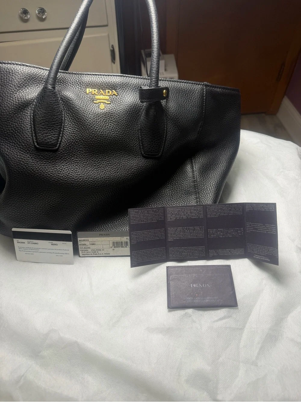 Prada Navy Blue Pebbled Leather Tote with Shoulder Strap